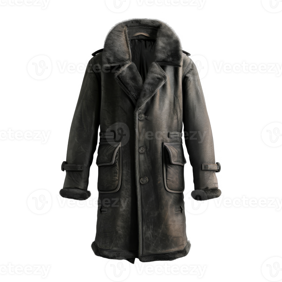 Distressed Brown Leather Shearling Coat with Fur Collar png
