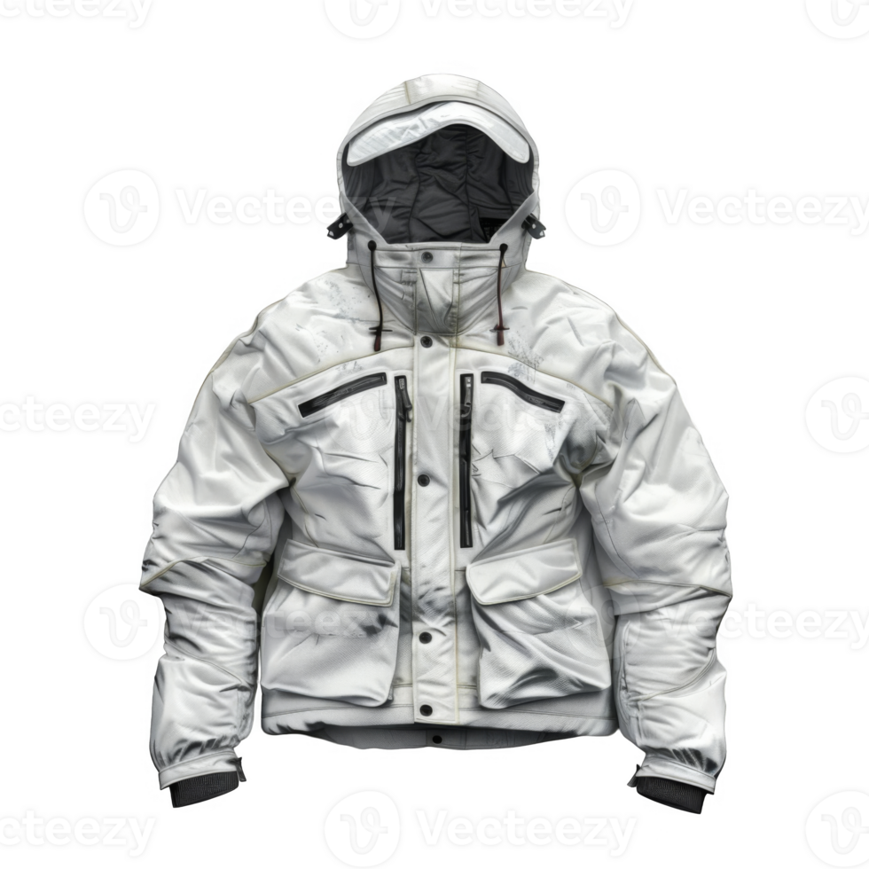 White hooded jacket with multiple pockets and a zipper closure. png