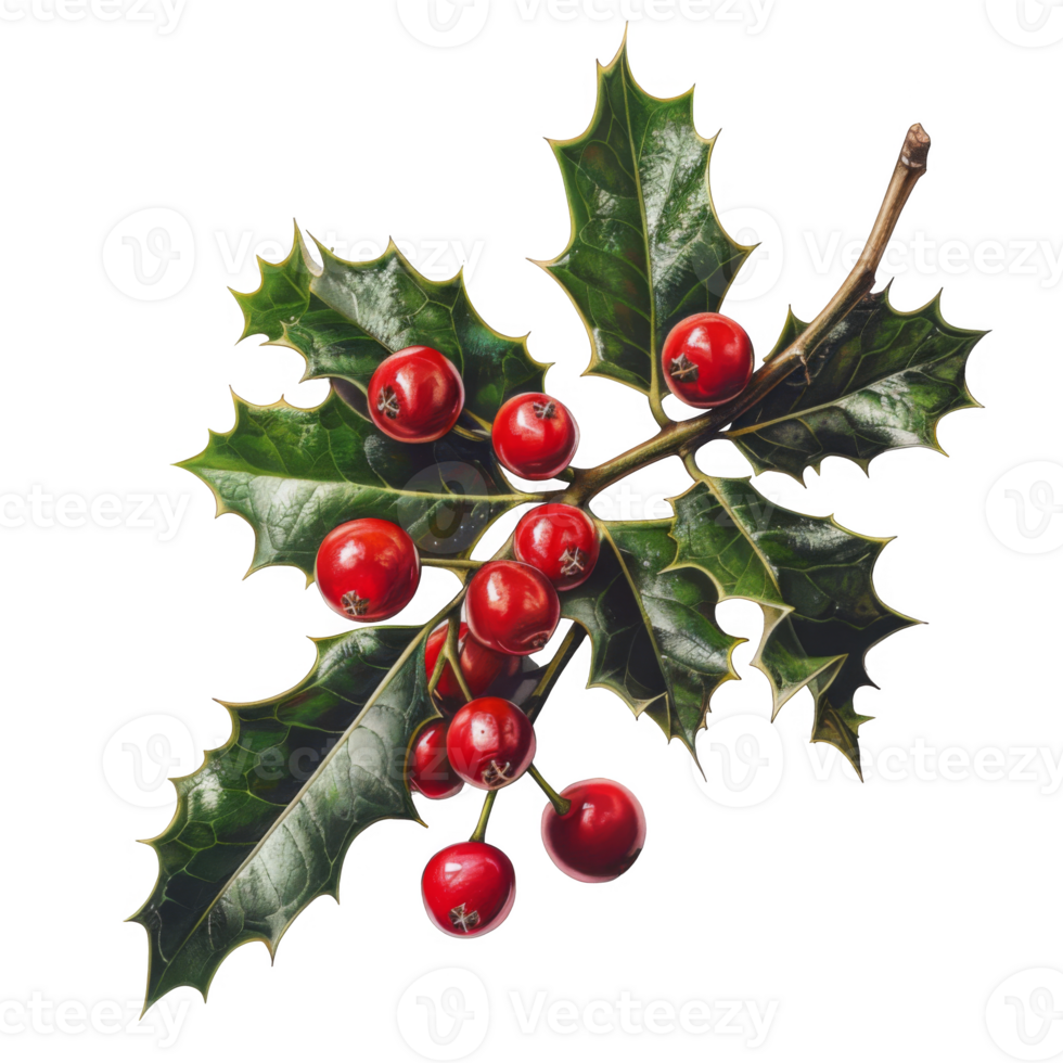 Sprig of Holly with Red Berries on a Black Background png