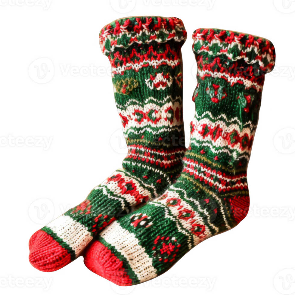 A Pair of Green, Red, and White Knitted Socks png