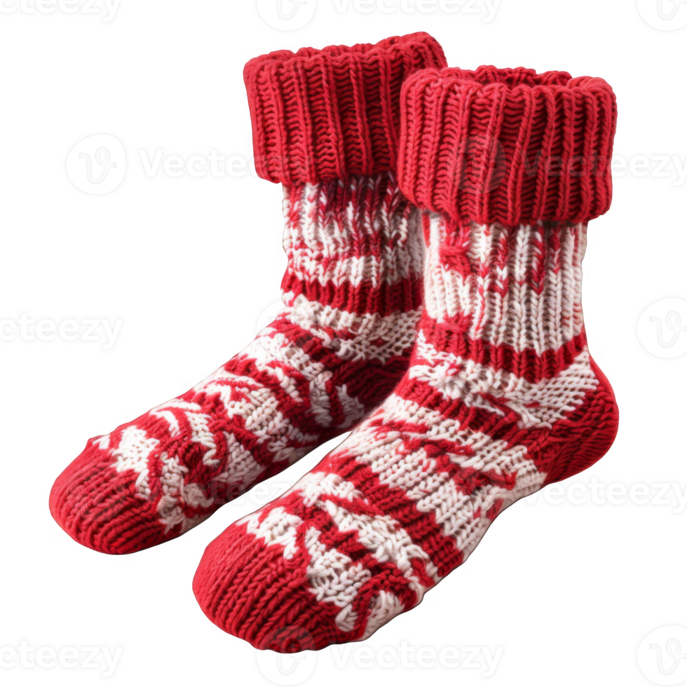 Red and White Knitted Socks with a Geometric Pattern png