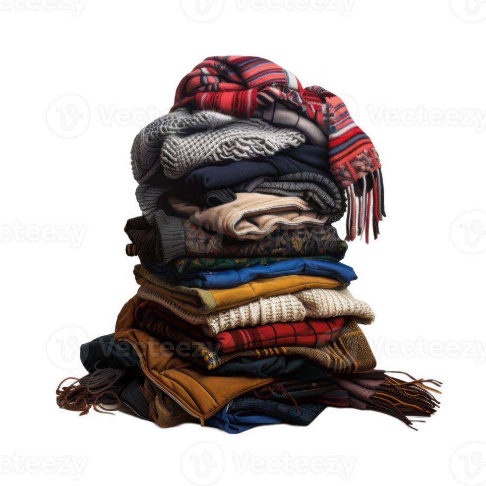 A Stack of Folded Winter Clothing and Scarves png