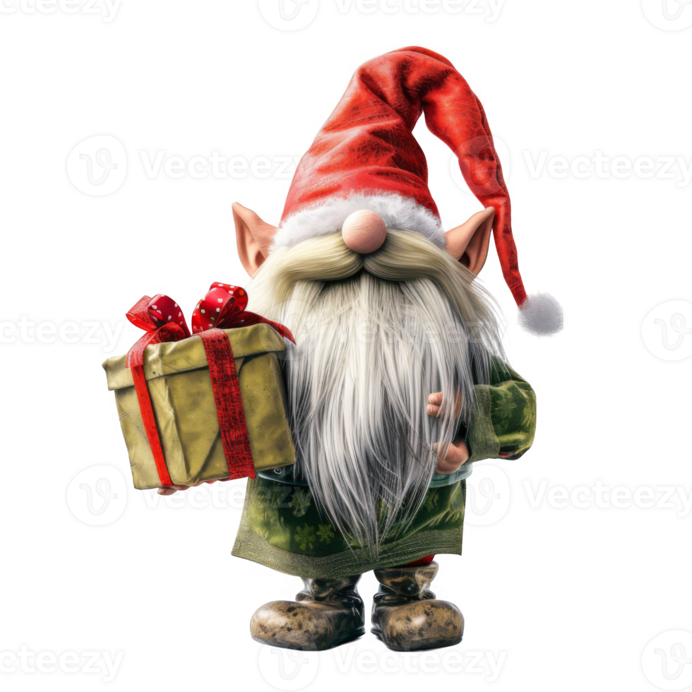 A Festive Gnome Holding a Gift Wrapped in Red and Gold png