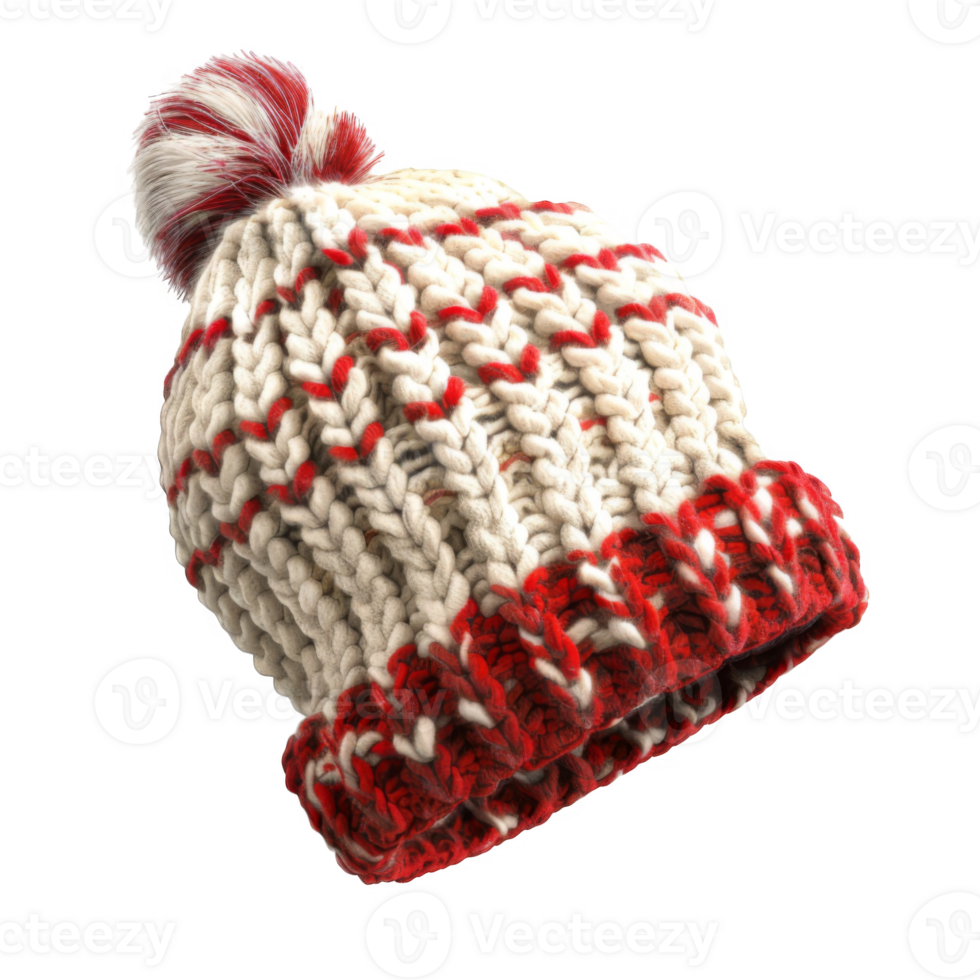 White and Red Knitted Winter Hat with Pom Pom png