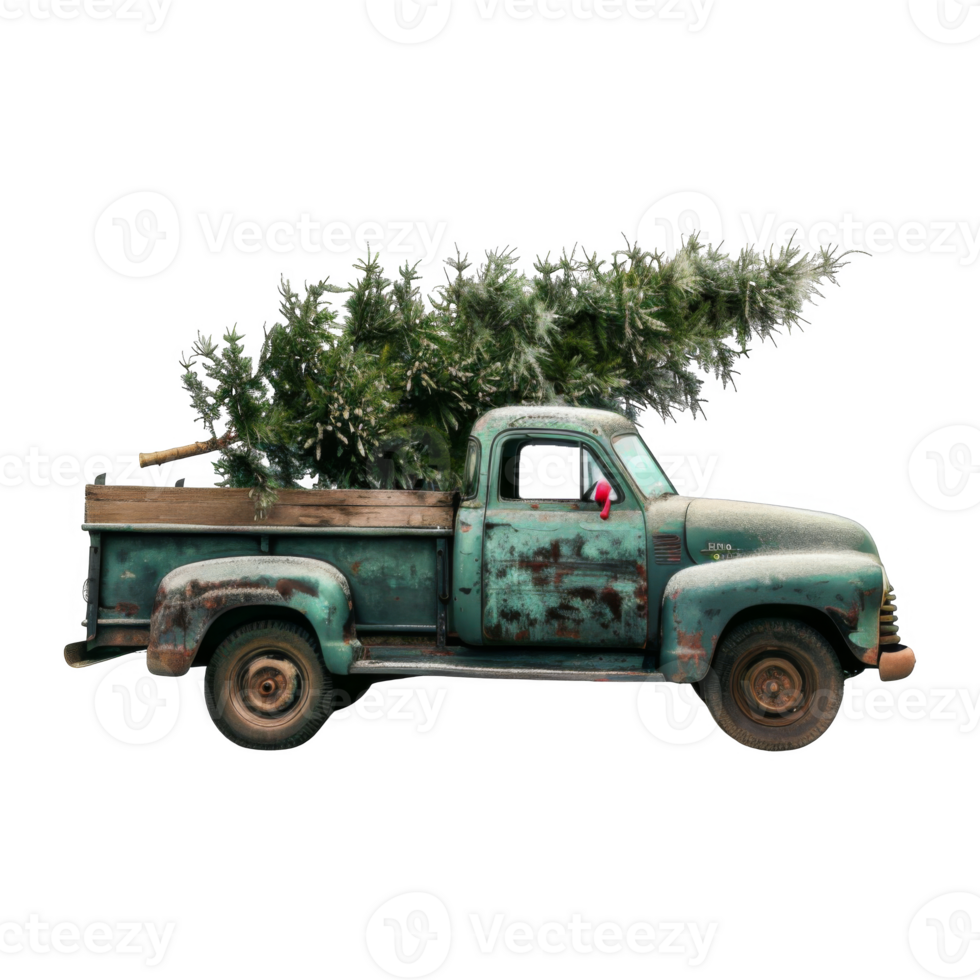 A weathered green pickup truck hauling a pine tree png