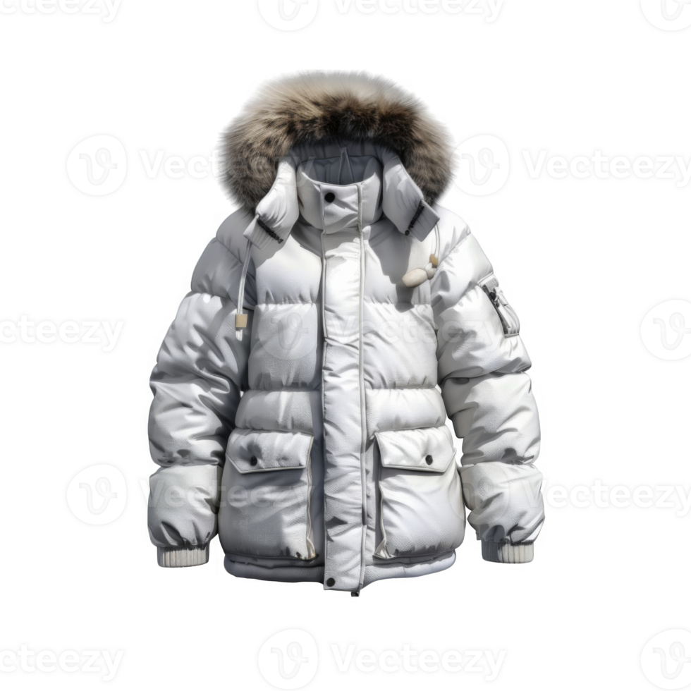 White Puffer Jacket with Fur Hood and Pockets png