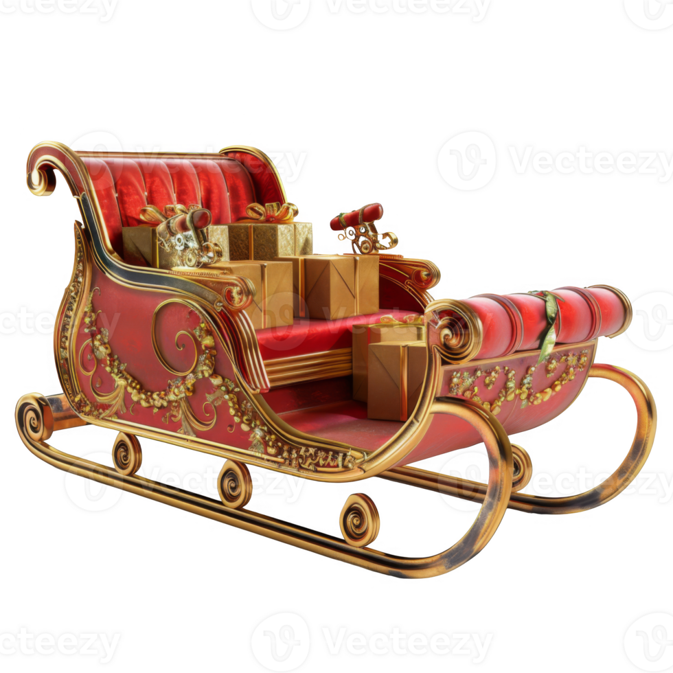 A Red and Gold Christmas Sleigh Filled With Gifts png