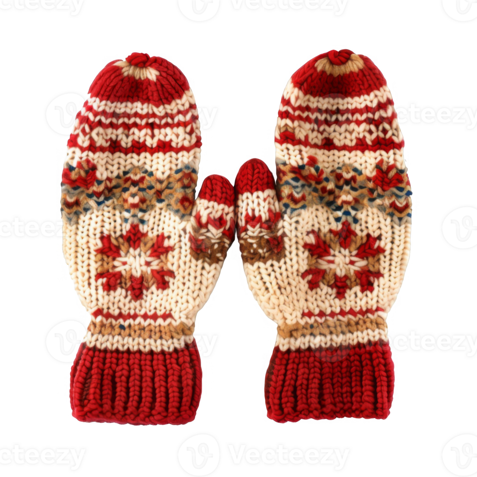 Pair of Red and White Knitted Mittens with Snowflake Design png