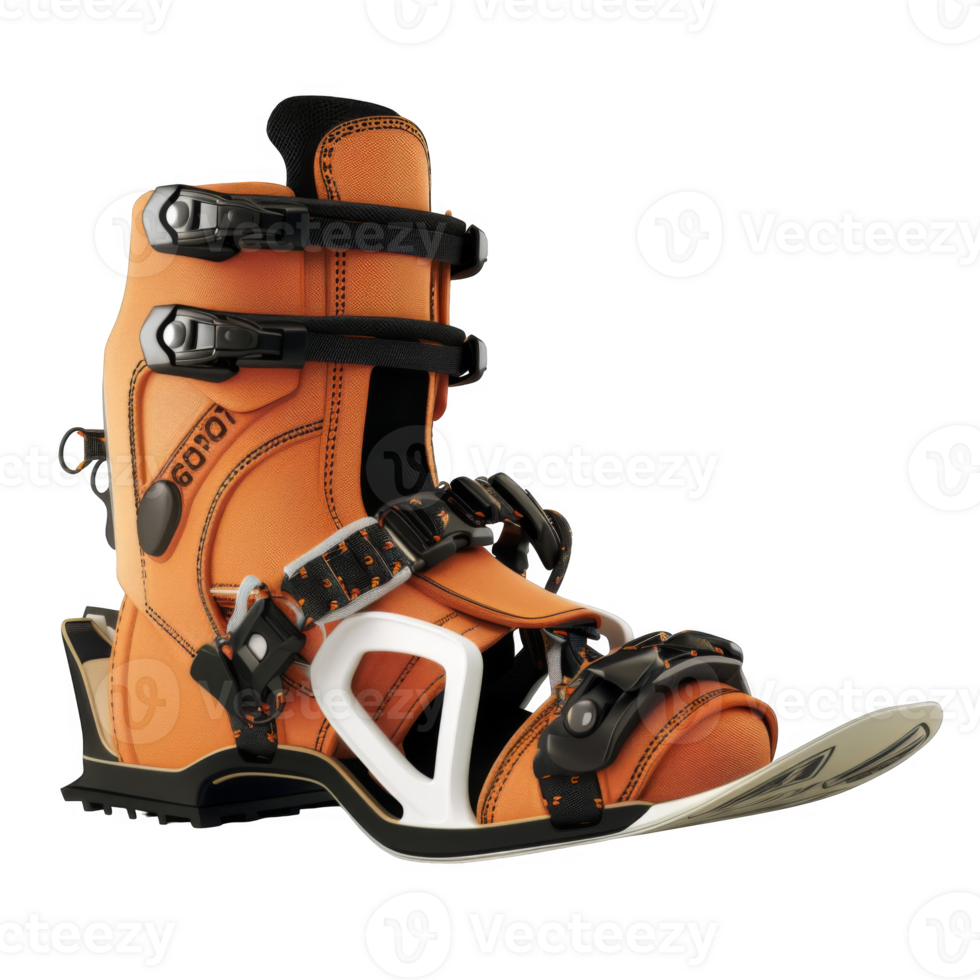 Orange and Black Snowboard Binding with White Baseplate png
