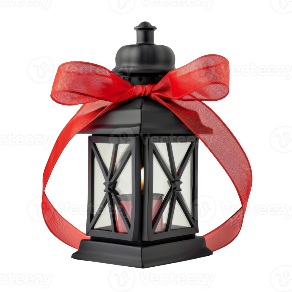 Black Lantern with Red Bow and Candle Inside png