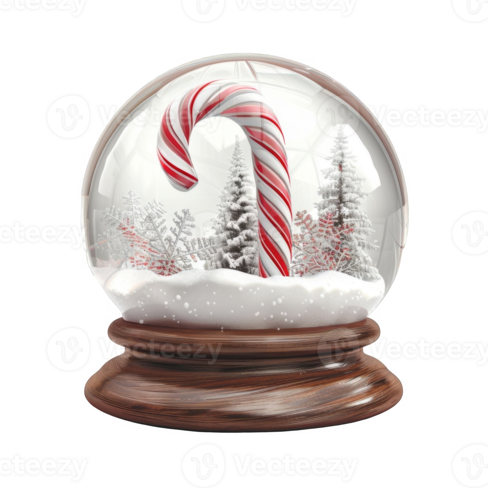 A snow globe with a candy cane and snow-covered trees png