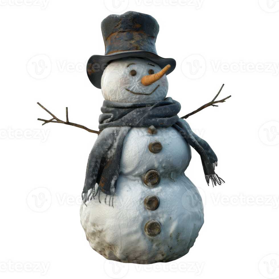 A Detailed Portrait of a Wintery Snowman with a Top Hat and Scarf png