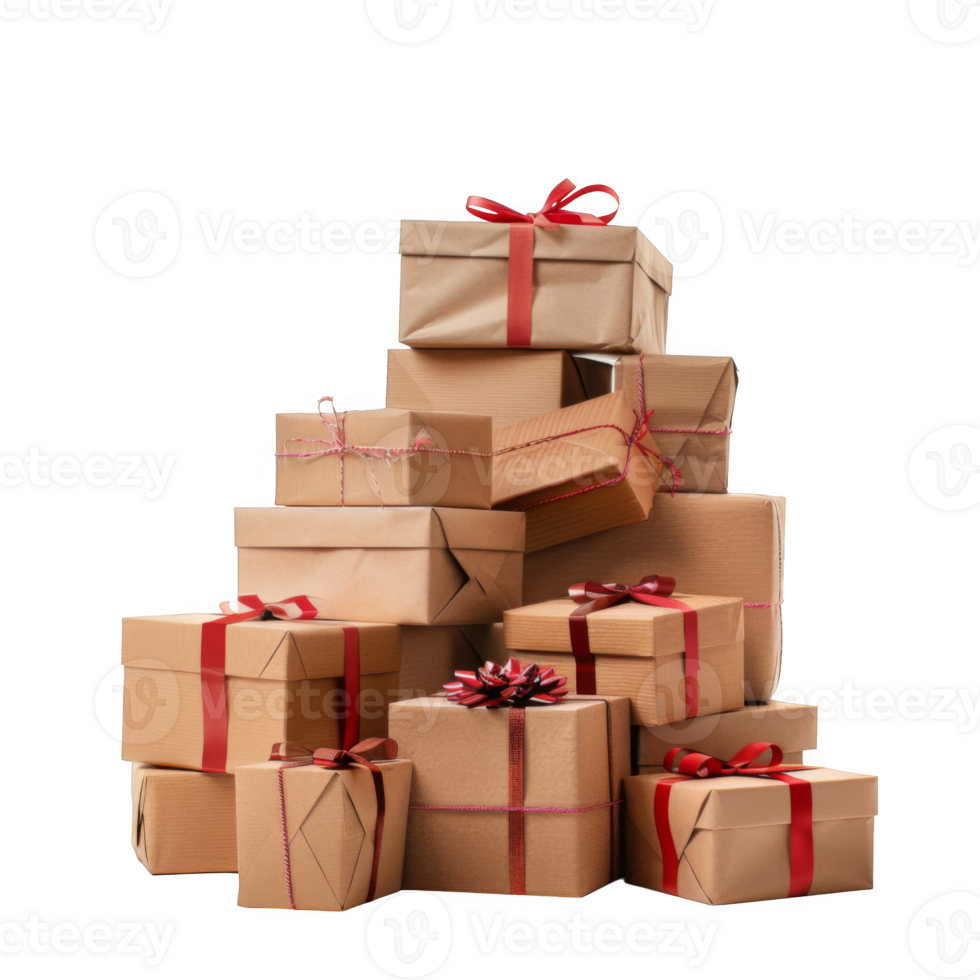 Stack of Brown Gift Boxes with Red Ribbons png