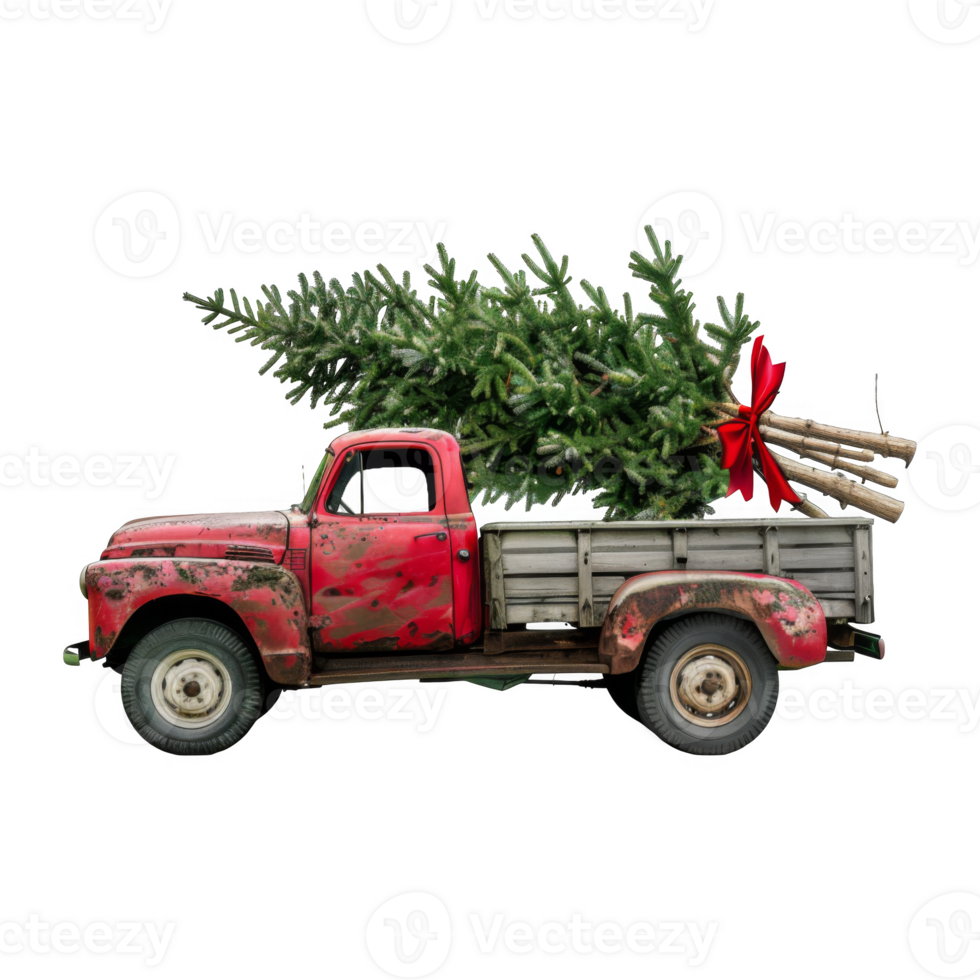 Red Pickup Truck Carrying a Christmas Tree png