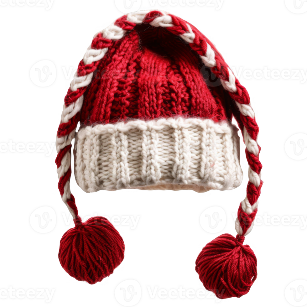 Red and White Knitted Hat with Braided Tails and Pom Poms png