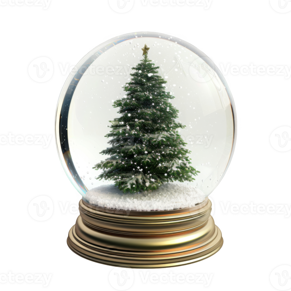A Gold-Based Snow Globe With A Snow-Covered Pine Tree png