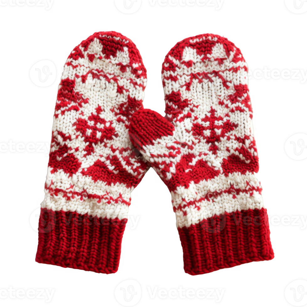 Red and White Knitted Mittens with Snowflake Pattern png