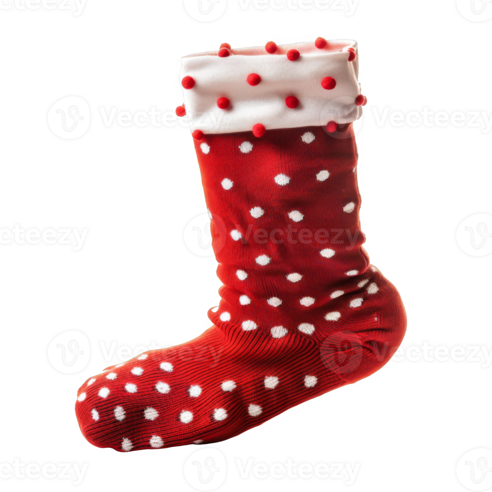 Red and White Polka Dot Christmas Stocking with Pom-Poms png