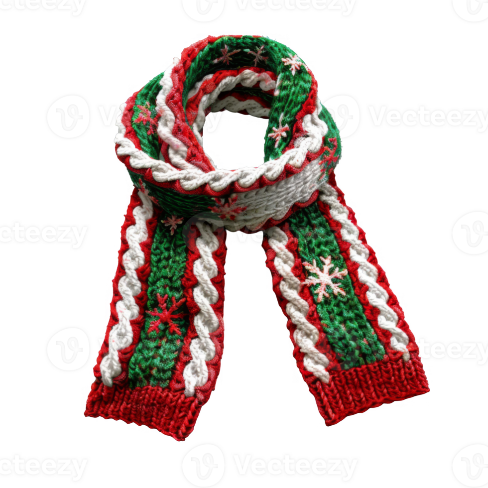 Red, Green, and White Knitted Scarf with Snowflake Design png