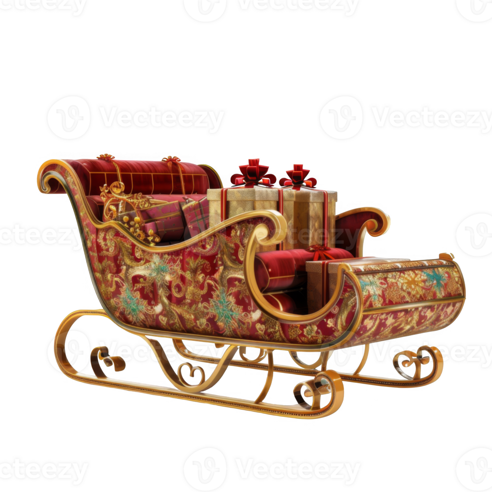 Ornate Gold-Trimmed Sleigh With Red Cushions And Gifts png