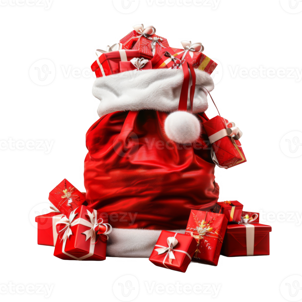 Santa's Bag Overflowing with Red and Gold Wrapped Presents png