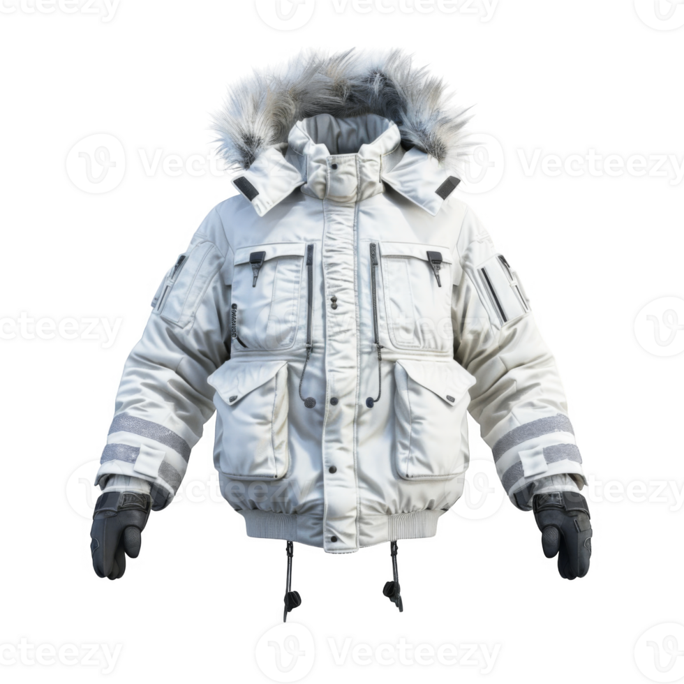 White Winter Parka with Fur Hood and Gloves png
