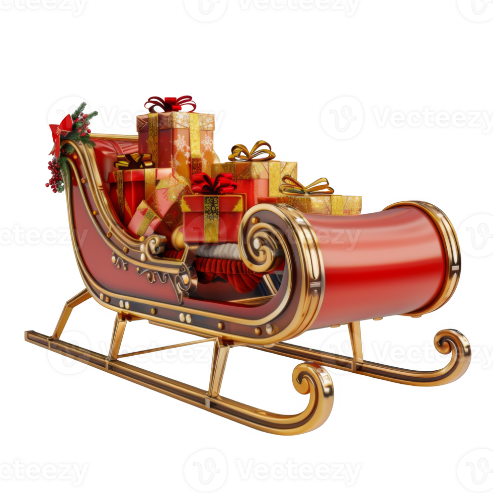 A Red and Gold Christmas Sleigh Filled With Presents png