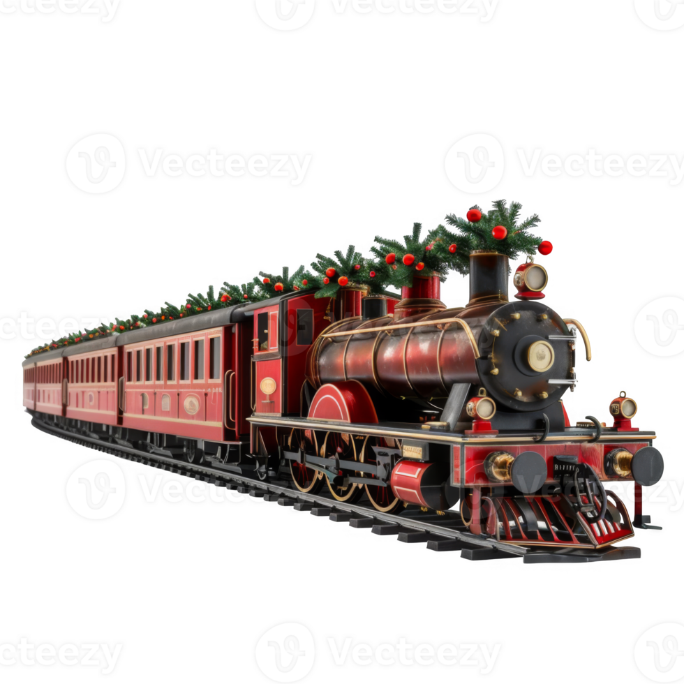 Red Steam Locomotive Decorated with Christmas Tree Branches and Ornaments png