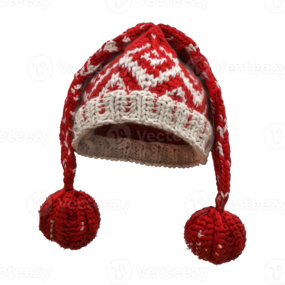 Red and White Knitted Hat with Pom-Poms png