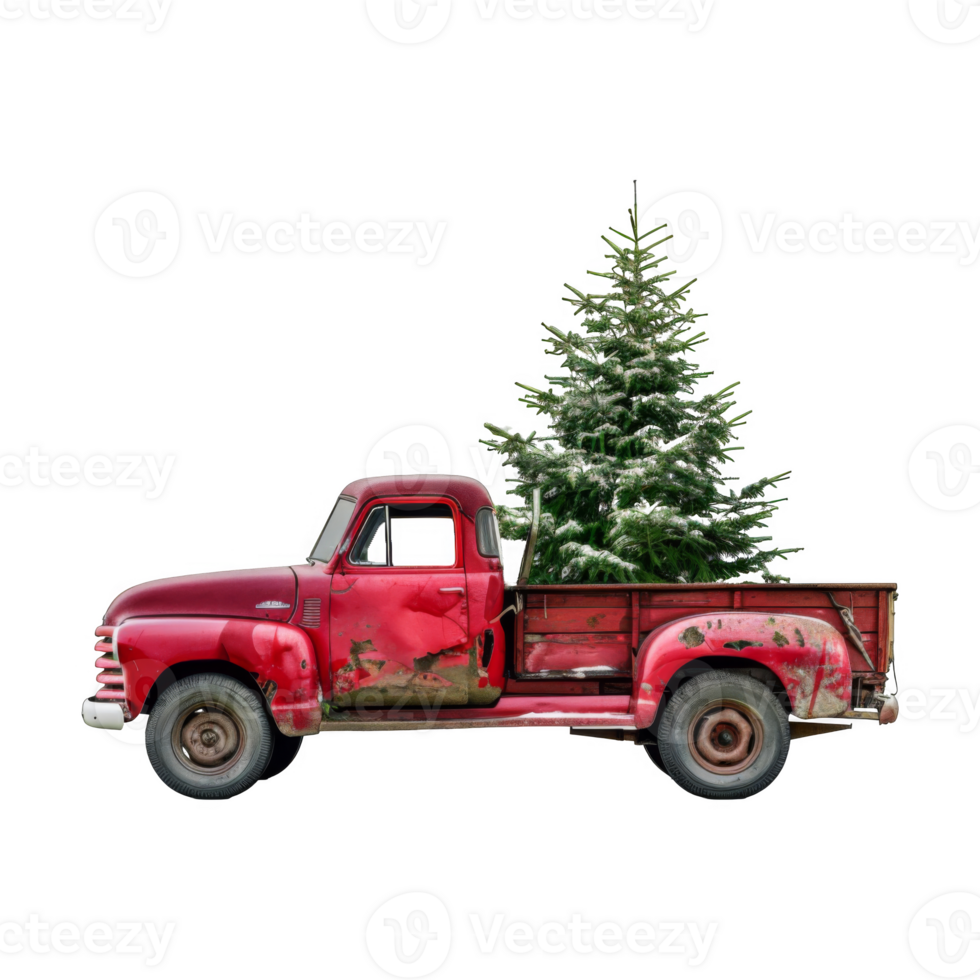 Red Pickup Truck Carrying a Christmas Tree png