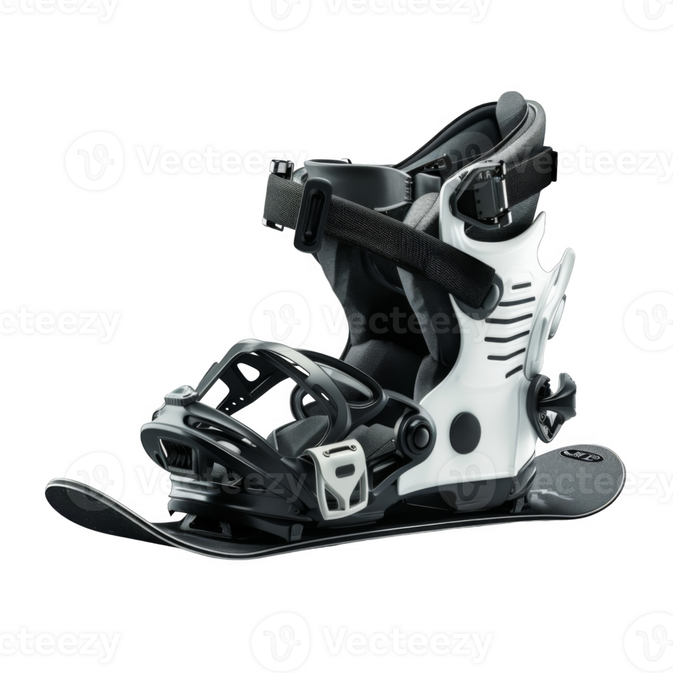 White and Black Snowboard Binding with Boot Attached png