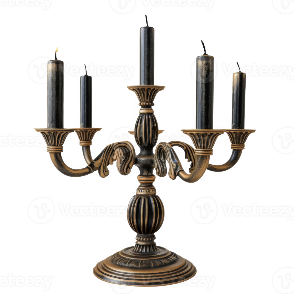 Ornate Candelabra with Five Black Candles, One Lit png