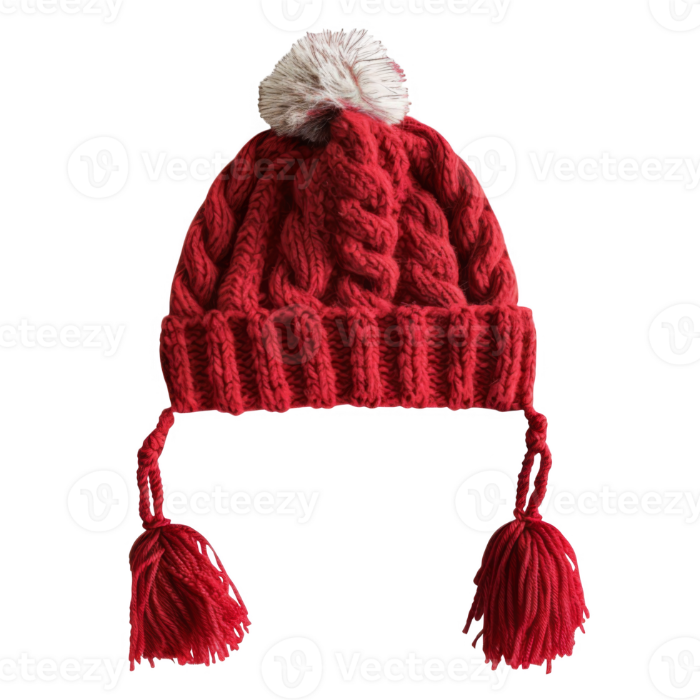 Red Knit Beanie with Pom Pom and Tassels png