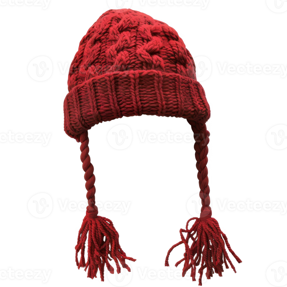 Red Knitted Beanie with Braided Tassels png