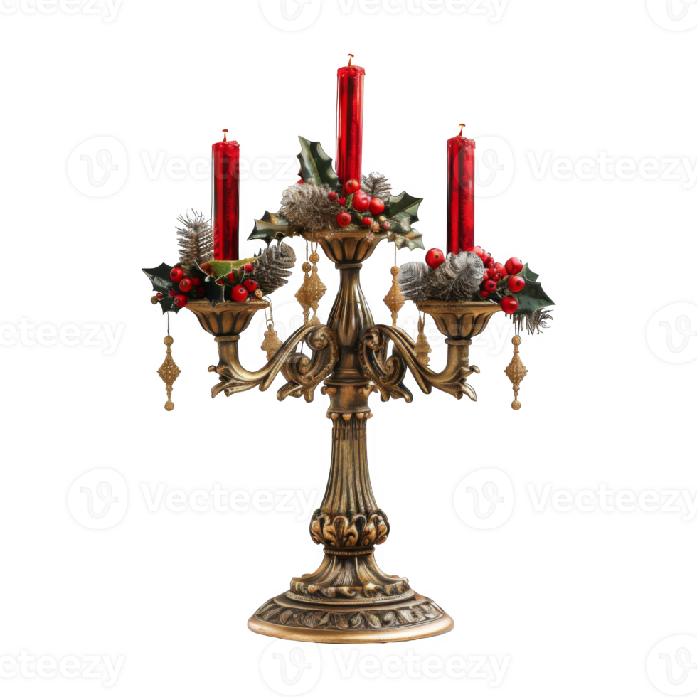 Ornate Gold Candelabra with Three Red Candles and Festive Decorations png