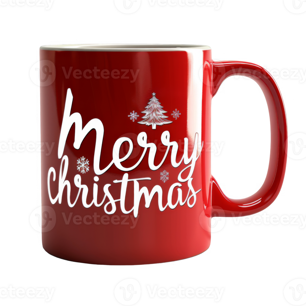 Red Mug with White Merry Christmas and Christmas Tree Design png