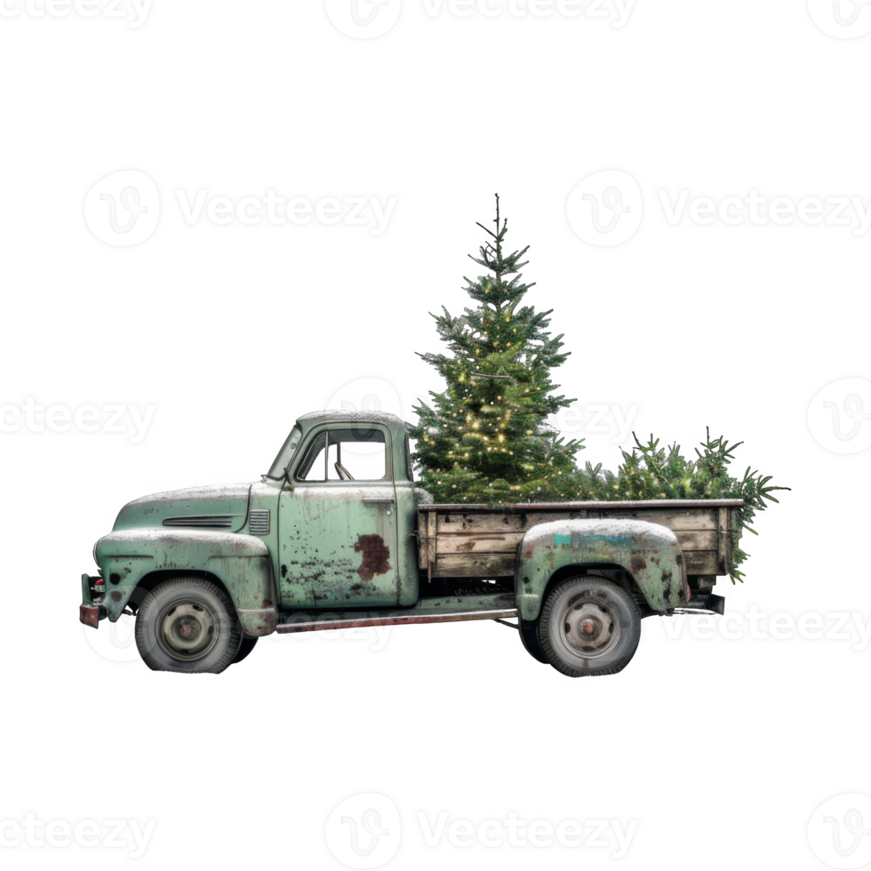Rustic Green Pickup Truck Carrying a Christmas Tree with Lights png