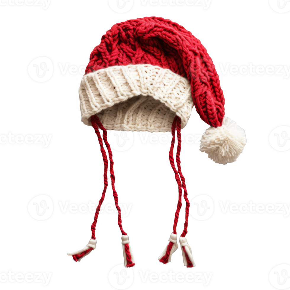 Red and White Knitted Santa Hat with Pom-Pom and Tassels png