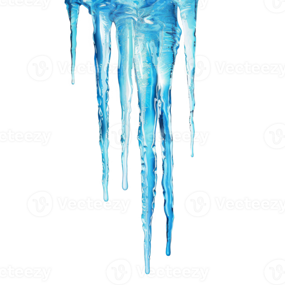 Closeup of several blue icicles melting on a black background png