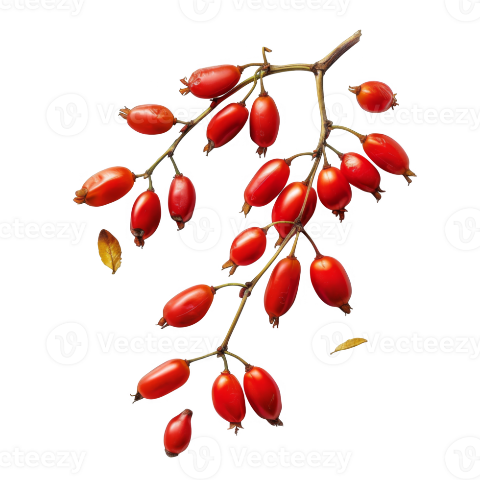 A Branch of Red Rose Hips with Green Stems and Fallen Leaves on a Black Background png