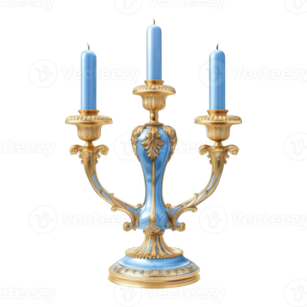 Ornate Gold and Blue Candelabra with Three Lit Candles png
