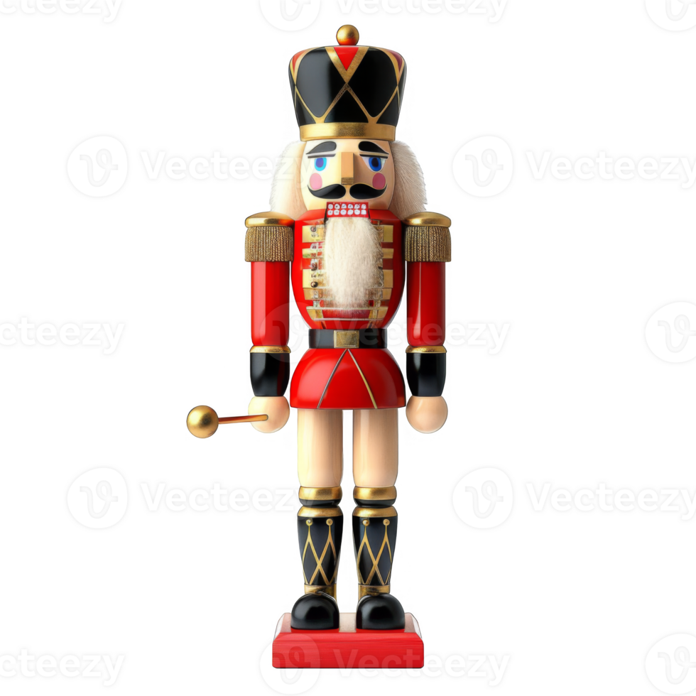 A Traditional Wooden Nutcracker Toy with Red and Gold Accents png