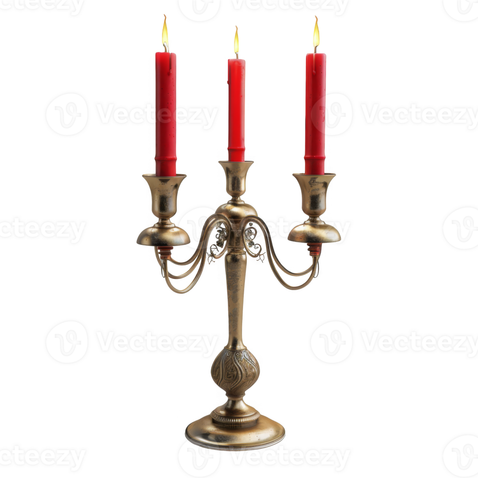 Ornate Gold Candelabra with Three Burning Red Candles png