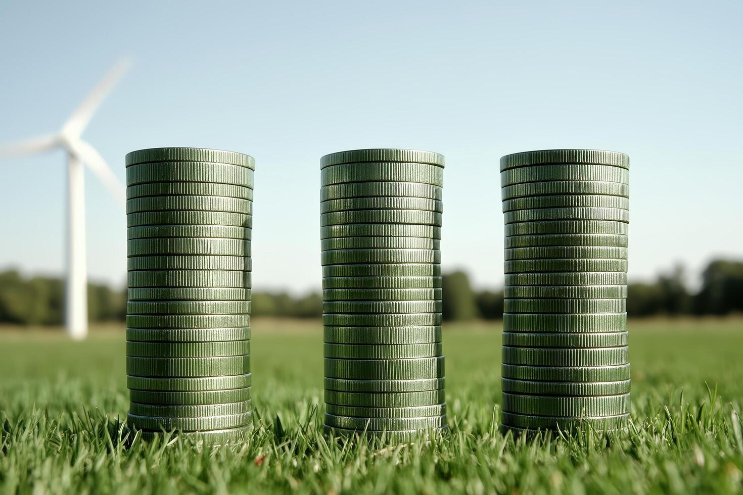 Stacks of coins standing tall in a field, with a wind turbine in the background, symbolizing renewable energy and financial growth. photo
