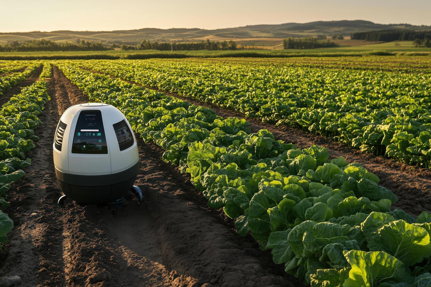 A futuristic agricultural robot tending a lush green crop field, representing the synergy of technology and sustainable farming photo
