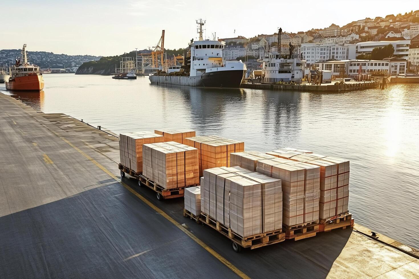 A busy harbor with cargo ships docked, and a forklift transporting goods on the pier. photo