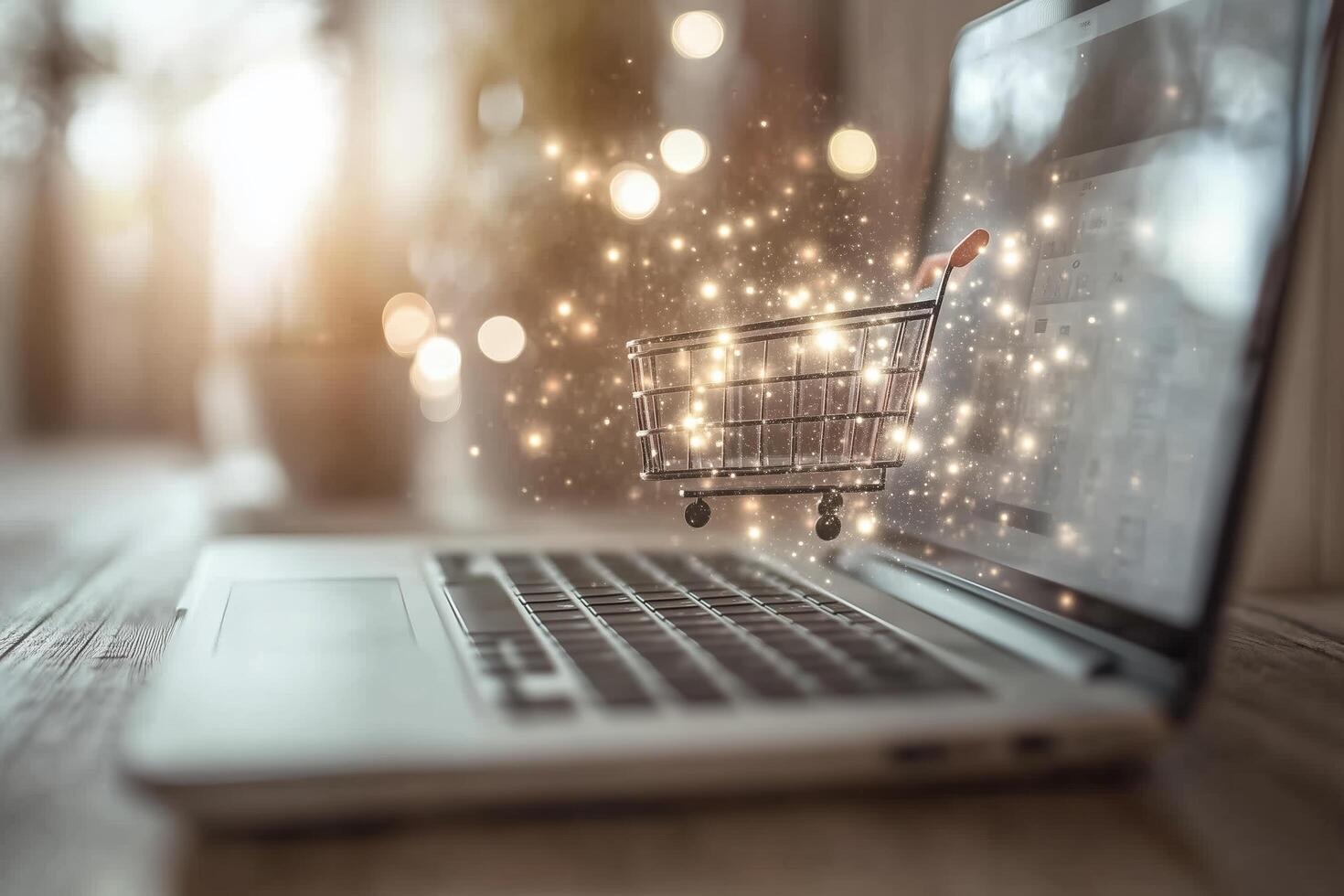 A glowing shopping cart emerges from a laptop, symbolizing the magic of e-commerce innovation and the power of personalized online experiences through. photo