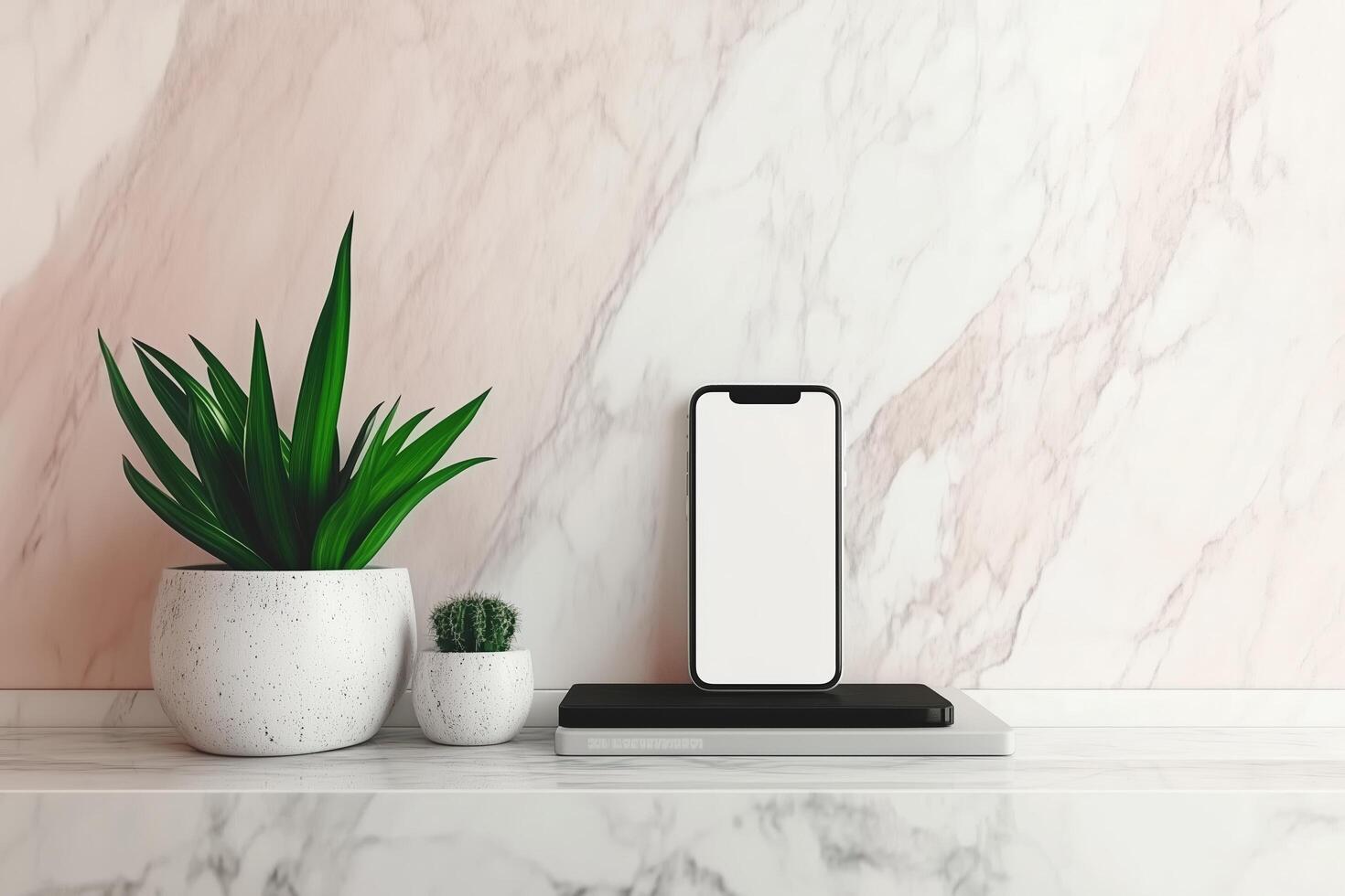 A smartphone with a blank screen rests on a marble surface alongside a potted plant and a notebook. photo