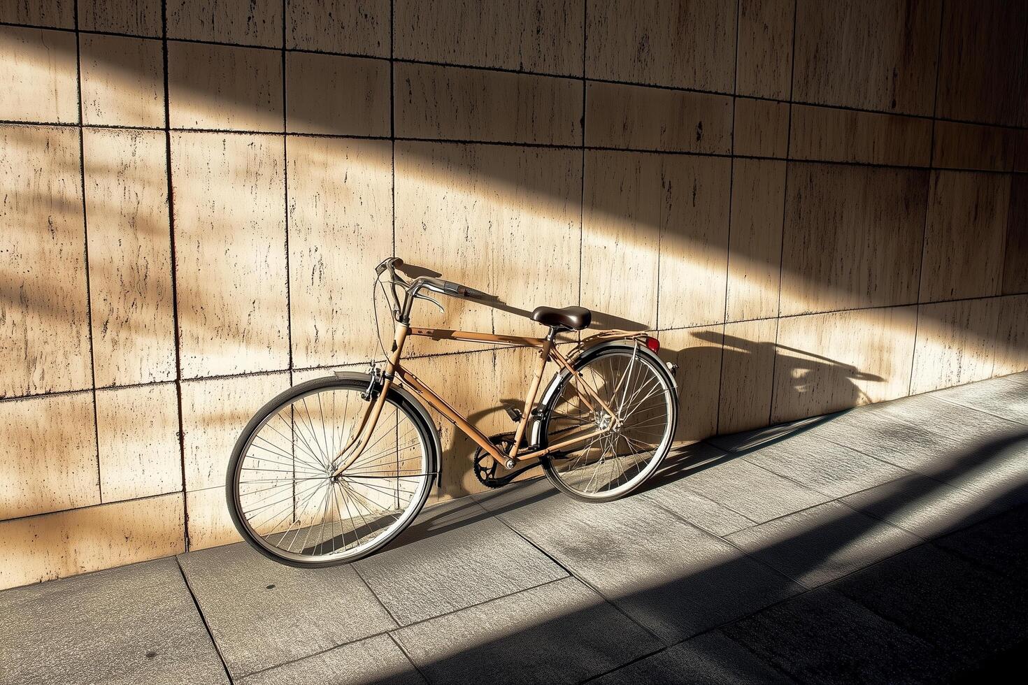A classic bicycle leans against a sunlit tiled wall, showcasing timeless design and urban simplicity envisioned photo