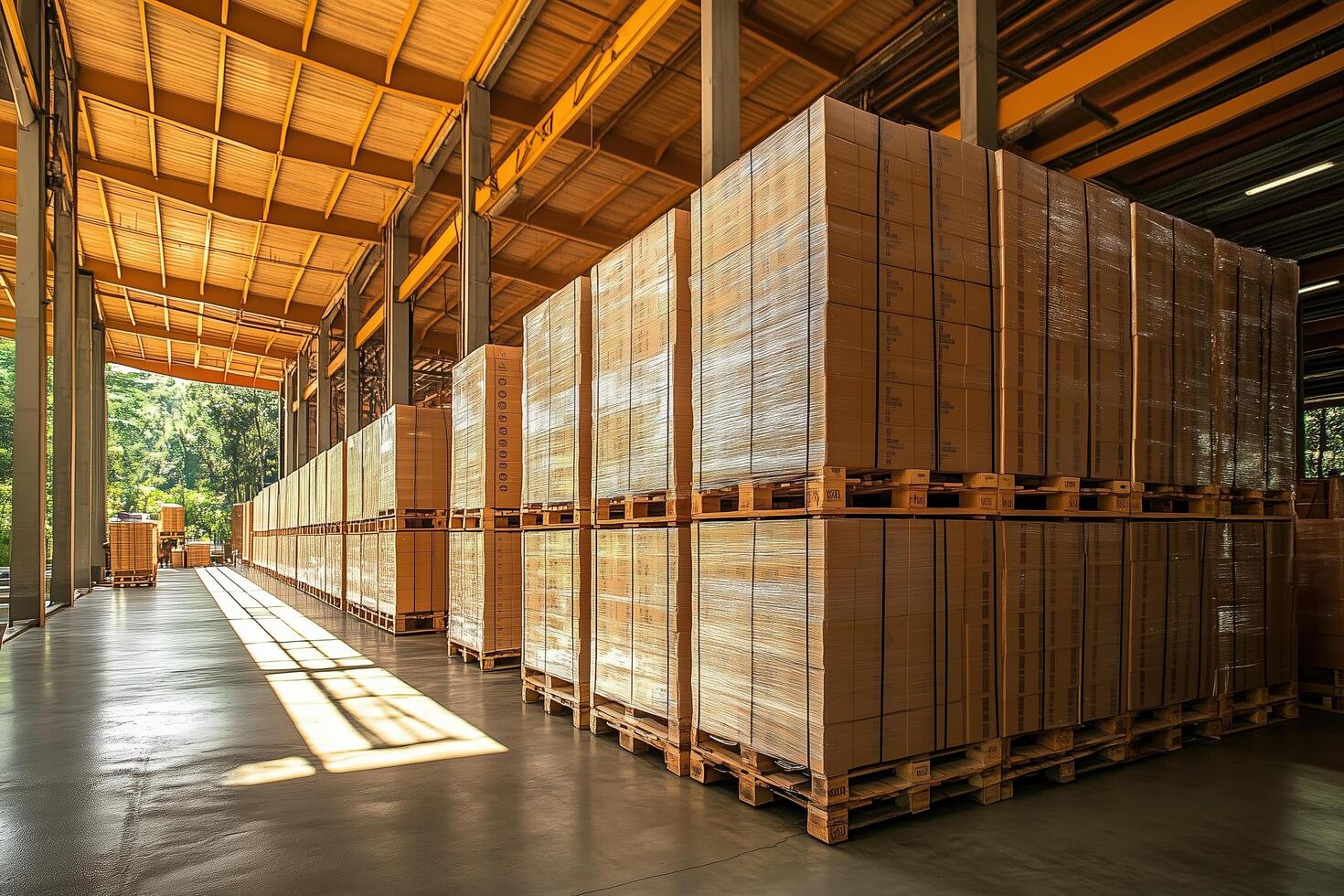 A well-organized warehouse with stacked pallets of boxes illuminated by natural light, showcasing efficient storage solutions photo